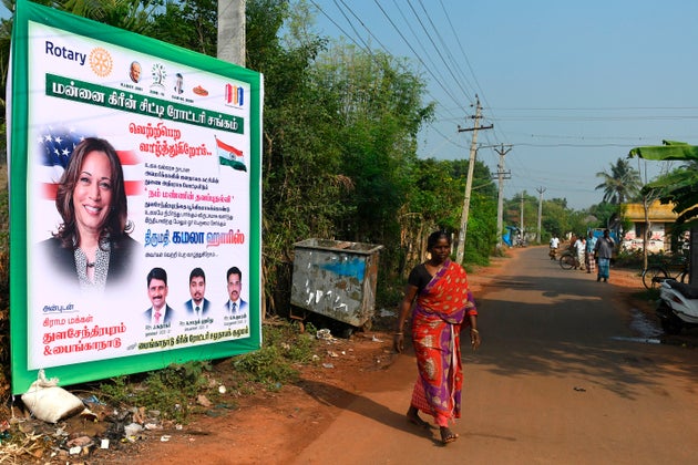 A poster of US Democratic vice-presidential candidate, Kamala Harris, at her ancestral village of Thulasendrapuram...