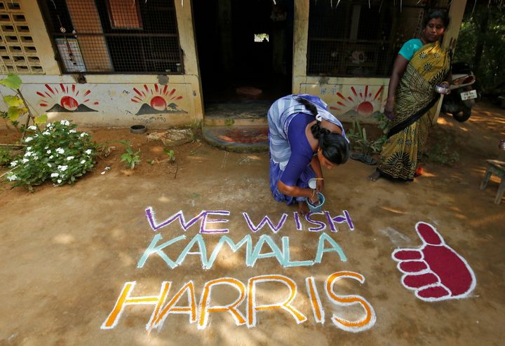 A message for Kamala Harris in Painganadu near the village of Thulasendrapuram in Tamil Nadu state on November 5, 2020.