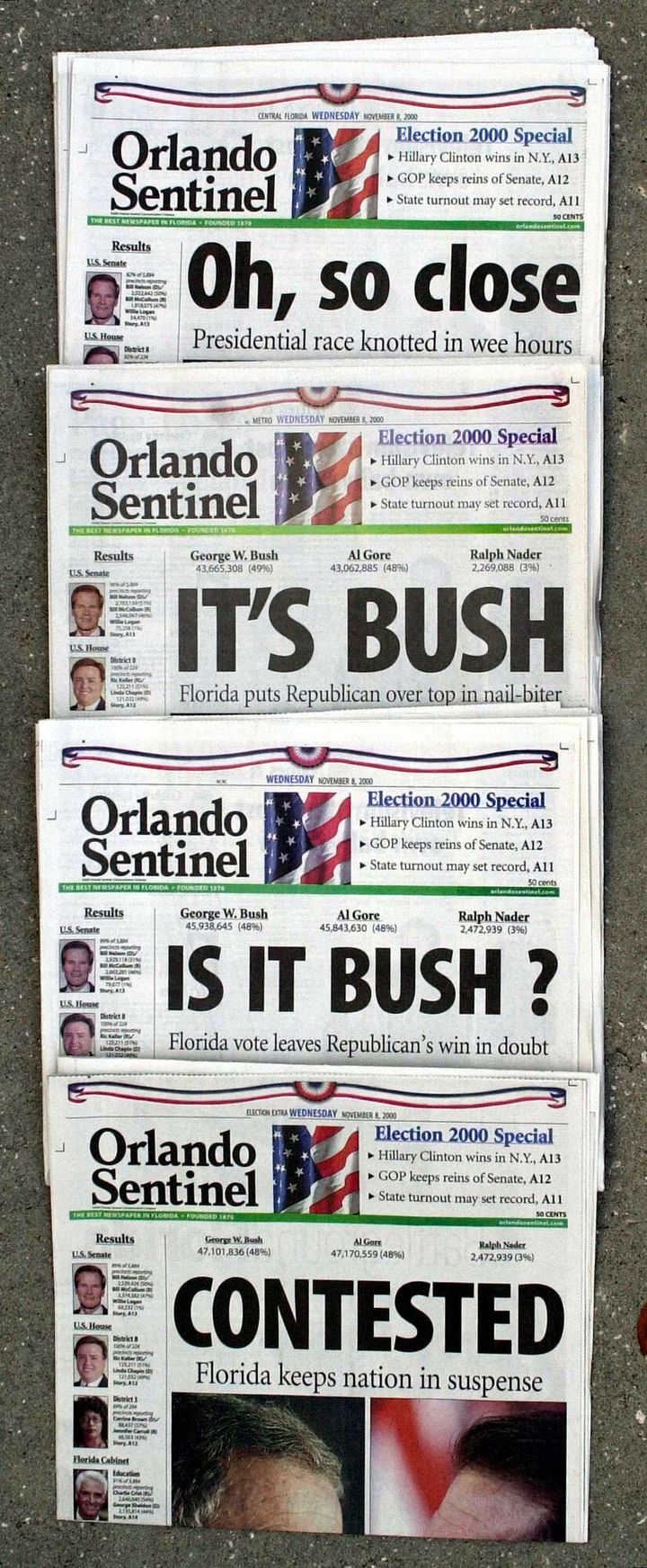 Las portadas preparadas por el 'Orlando Sentinel' durante la loca noche electoral de 2000, que van del empate, a la victoria de Bush, a las dudas sobre Bish, y al "disputado". 
