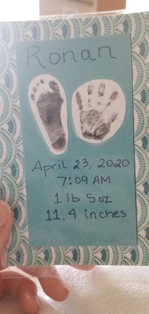 Ronan's first handprint and footprint, made by a NICU nurse a few hours after he was born on April 23.