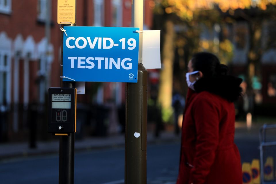 A Covid Testing sign on Belgrave Road, Leicester, at the start of a four week national lockdown for England.