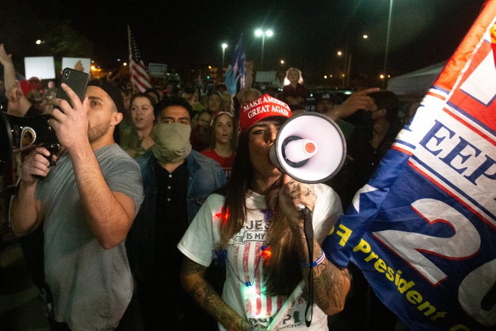 Supporters of President Donald Trump protest at the Maricopa County Elections Department office on Nov. 4 in Phoenix. The demonstration came after Arizona broke for Democrats on Election Day.