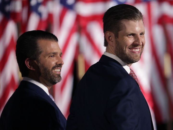 Donald Trump Jr. and Eric Trump look on as their father, President Donald Trump, prepares to deliver his acceptance speech for the Republican presidential nomination.
