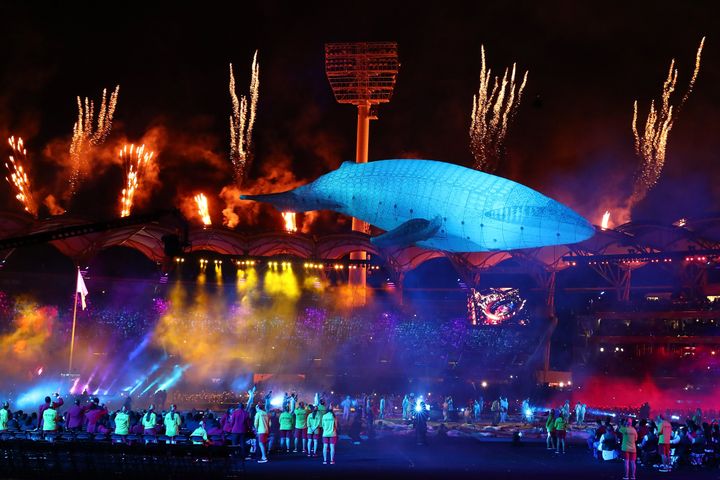 'Migaloo' rises above Carrara Stadium during the Opening Ceremony for the Gold Coast 2018 Commonwealth Games in Australia.
