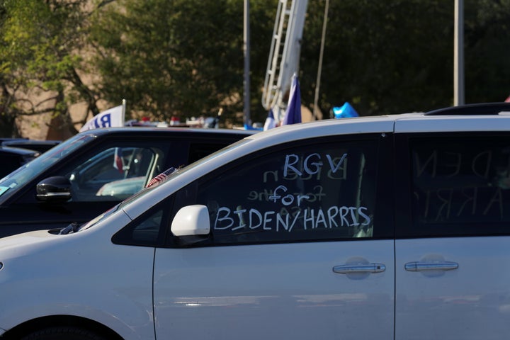 A vehicle with the message "RGV (Rio Grande Valley) for Biden/Harris" during a campaign event with vice presidential nominee Kamala Harris in Edinburg, Texas, on Oct. 30, 2020. 