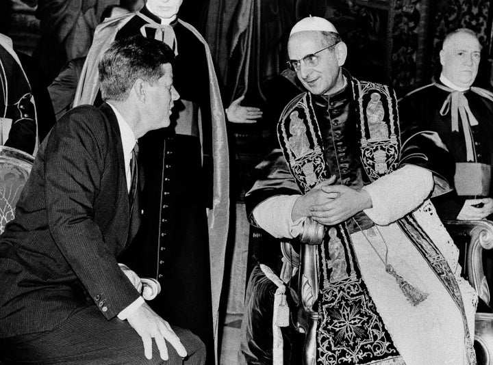 In this July 2, 1963, file photo, President John F. Kennedy and Pope Paul VI talk at the Vatican.