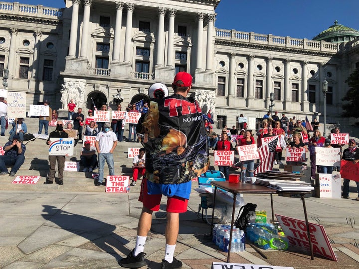 Supporters of President Donald Trump gather for a "Stop The Steal" rally in Harrisburg, Pennsylvania, on Nov. 6, 2020.