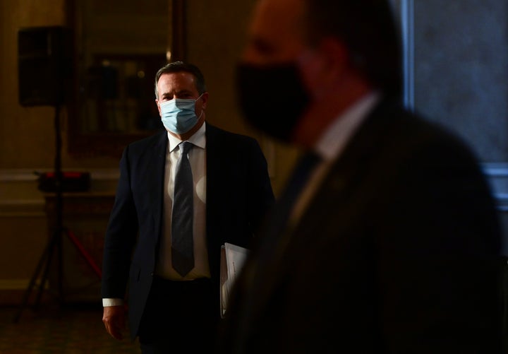 Alberta Premier Jason Kenney and Quebec Premier Francois Legault leave a news conference in Ottawa on Sept. 18, 2020. 