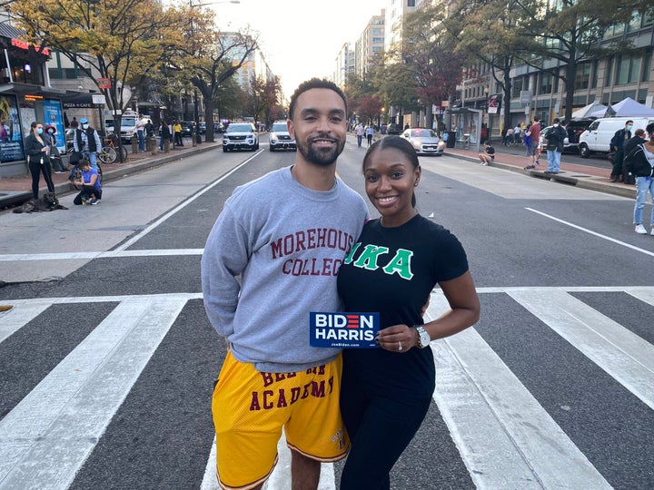 Theo Guidry and his wife, Gina, came to Black Lives Matter Plaza wearing a Morehouse College sweater and Alpha Kappa Alpha shirt.