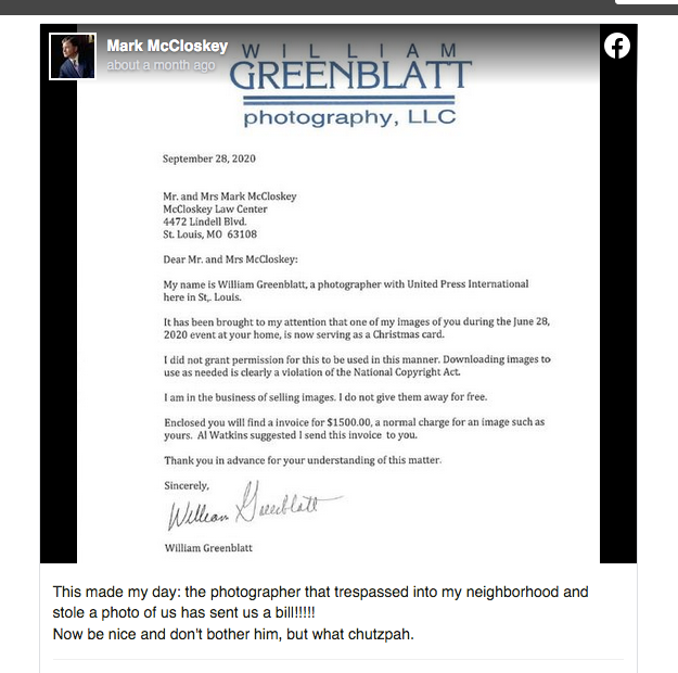 Mark McCloskey — with snarky comment — posted UPI photographer Bill Greenblatt's invoice for use of his photo on the couple's creepy greeting cards.