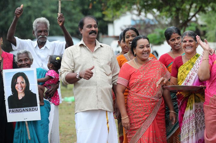 Indian villagers celebrate the victory of U.S. Vice President-elect Kamala Harris in Painganadu, a neighboring village of Thulasendrapuram, which is the hometown of Harris' maternal grandfather.