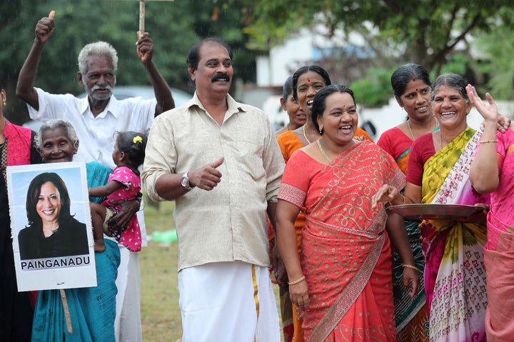 Indian villagers celebrate the victory of U.S. Vice President-elect Kamala Harris in Painganadu, a neighboring village of Thu