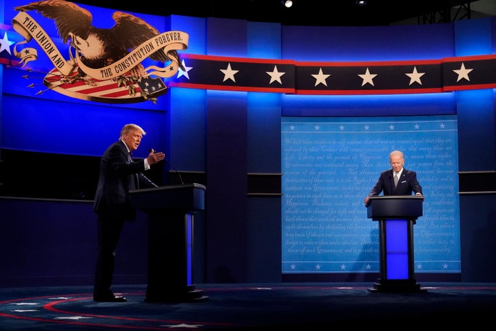 President Donald Trump and Democratic presidential candidate former Vice President Joe Biden during the first presidential debate Tuesday, Sept. 29, 2020, at Case Western University and Cleveland Clinic, in Cleveland, Ohio. (AP Photo/Julio Cortez)