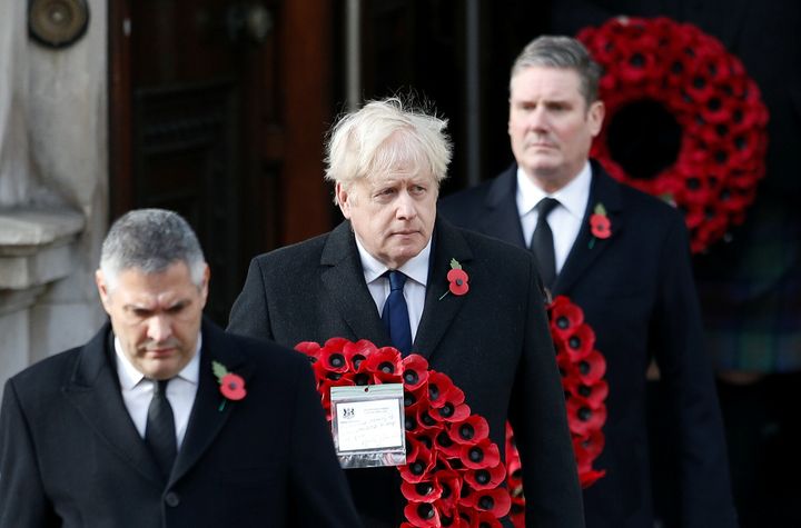 Prime Minister Boris Johnson followed by Labour Party leader Sir Keir Starmer during the Remembrance Sunday service at the Cenotaph, in Whitehall, London.