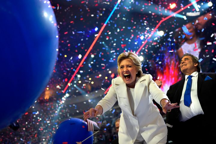 Hillary Clinton celebrates after accepting the presidential nomination at the Democratic National Convention in 2016. 