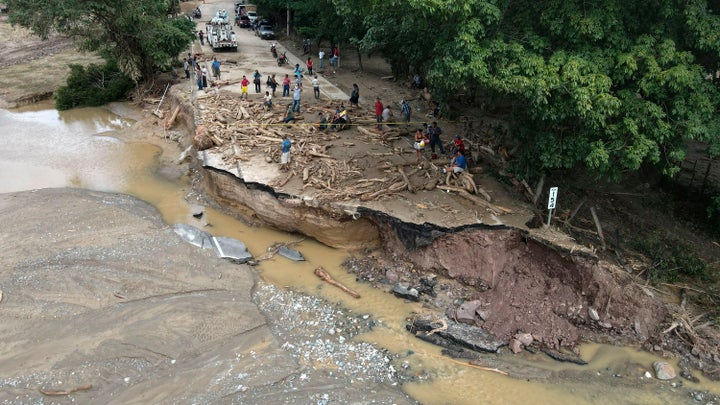 A damaged road is seen following the passage of Hurricane Eta in Gualan, north of Guatemala City, on Saturday.