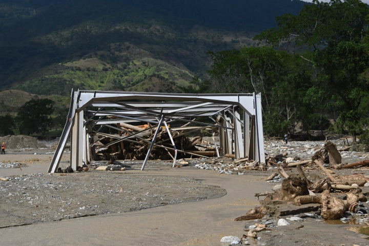 A bridge is seen destroyed due to the heavy rains caused by Hurricane Eta in the town of Gualan on Saturday.