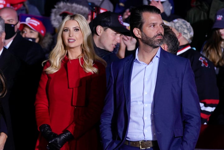 Ivanka Trump and Donald Trump Jr., listen as their father President Donald Trump speaks during a campaign rally in Kenosha, Wis., on Nov. 2, 2020.