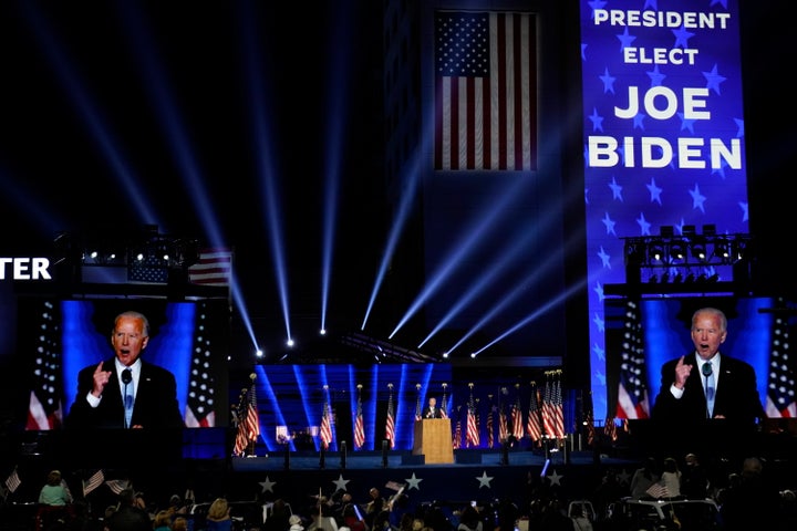 President-elect Joe Biden speaks Saturday, Nov. 7, 2020, in Wilmington, Del. (AP Photo/Andrew Harnik)