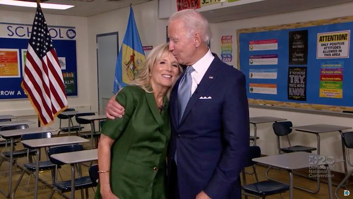 Joe and Jill Biden at Brandywine High School, where she taught English from 1991 to 1993, during the virtual 2020 Democratic National Convention.