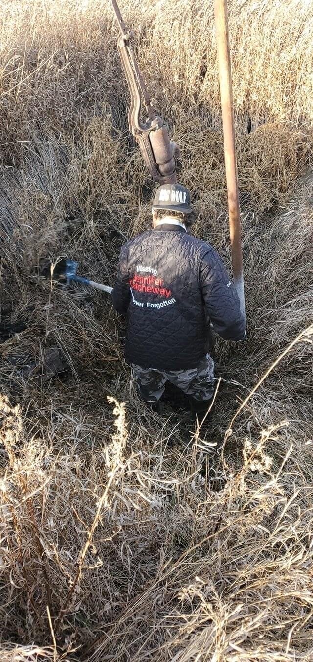 Wilfred Catcheway, Jennifer’s dad, digs in an area west of Portage La Prairie where an anonymous tipster drew a map of where her body may be. Photo taken this week.