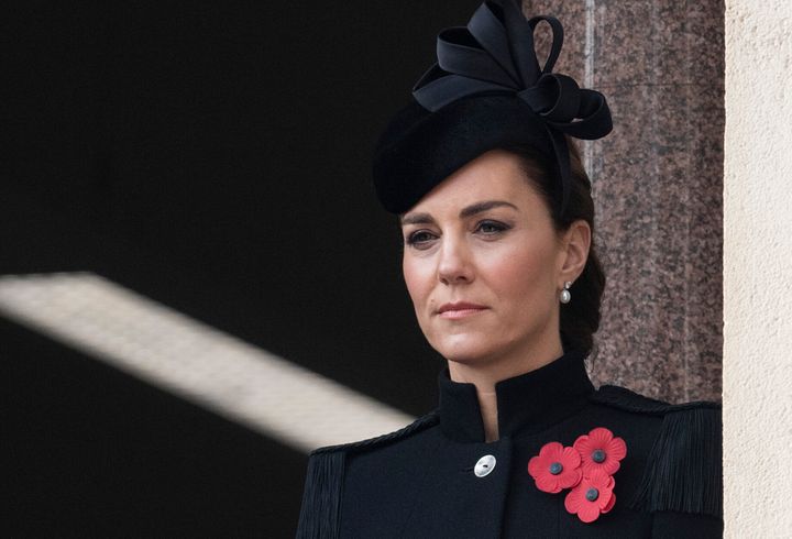 Catherine, Duchess of Cambridge, attends the annual Remembrance Sunday memorial at the Cenotaph in Westminster, England, on Sunday.