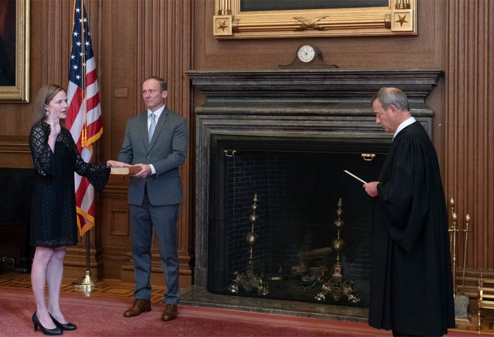 Chief Justice John Roberts (right) has twice joined more liberal justices to save the Affordable Care Act. But now he would need at least one more conservative to join him, putting the focus on newly confirmed Justice Amy Coney Barrett (right).