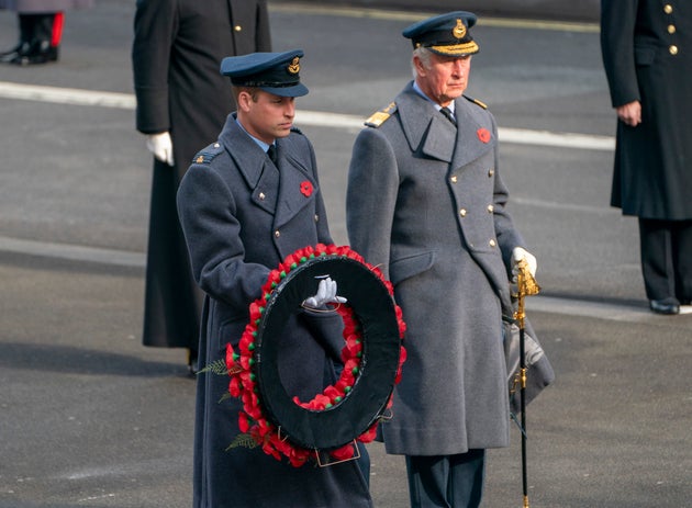 Prince William and Prince Charles at the National Service Of Remembrance at the Cenotaph in Westminster, England, on Sunday.