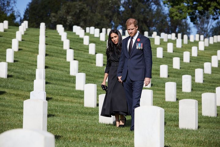 Prince Harry and Meghan Markle mark Remembrance Sunday at Los Angeles National Cemetery.