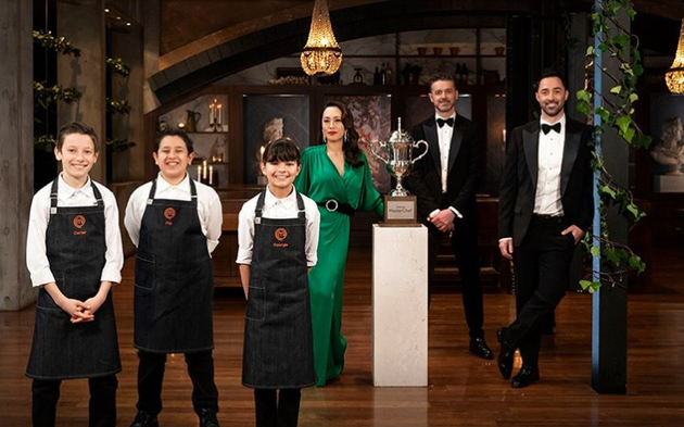 'Junior MasterChef Australia' finalists Carter, Filo and Georgia with judges Melissa Leong, Jock Zonfrillo...