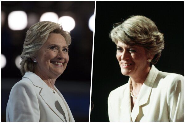 2016年、民主党の大統領候補指名を受けたヒラリー・クリントン氏（左）と1984年、女性として初めてアメリカの主要政党の副大統領候補に指名され、演説するジェラルディン・フェラーロ氏