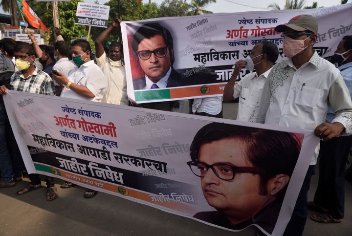 BJP workers protest outside the Alibag Court after Arnab Goswami's arrest in Alibag, on November 4, 2020 in Mumbai, India. 