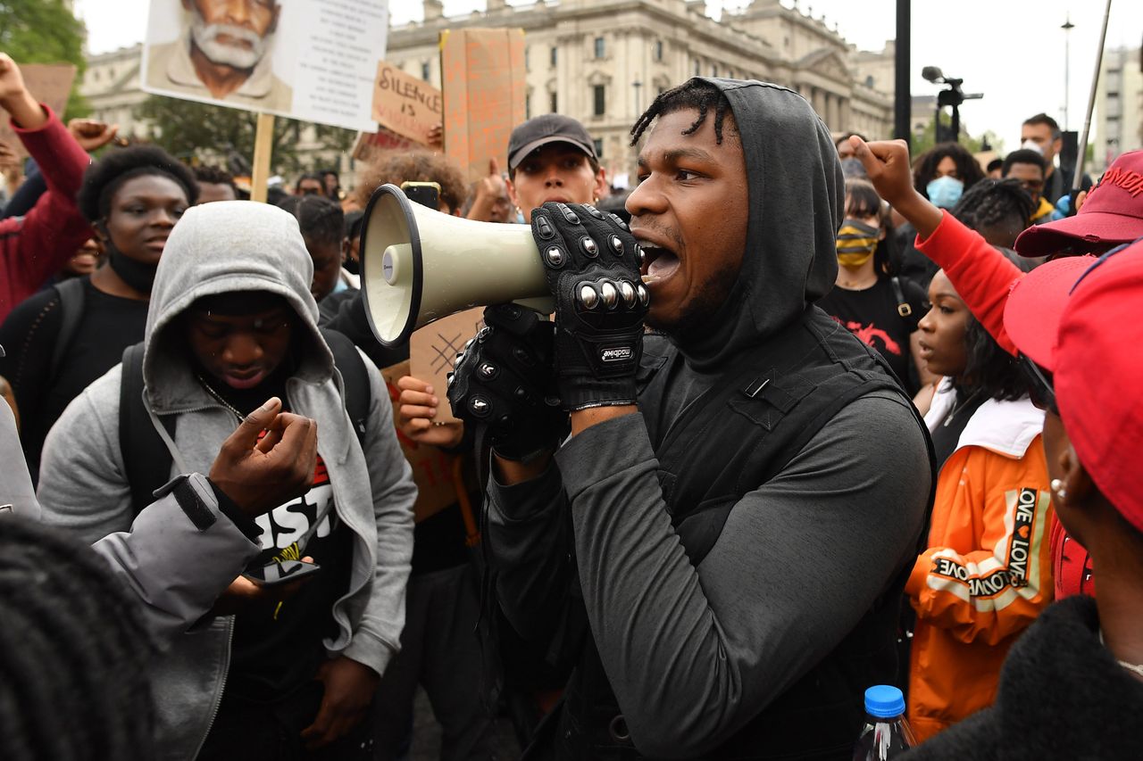 Actor John Boyega speaks to the crowd during a Black Lives Matter protest in Hyde Park on June 3, 2020