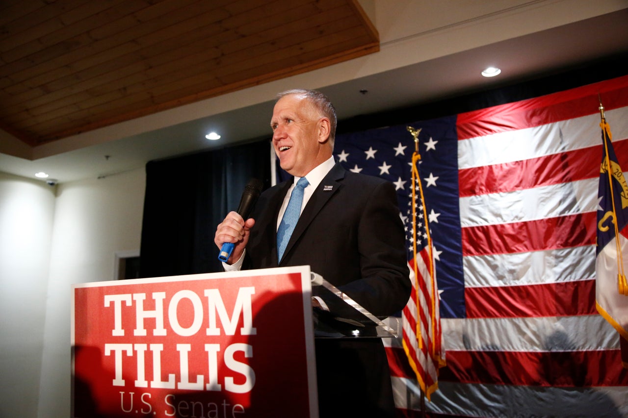 Sen. Thom Tillis (R-N.C.) celebrates his reelection against Democratic challenger Cal Cunningham on election night in Mooresville, North Carolina. Cunningham seemed set to unseat the unpopular incumbent, but a sex scandal helped doom his candidacy.