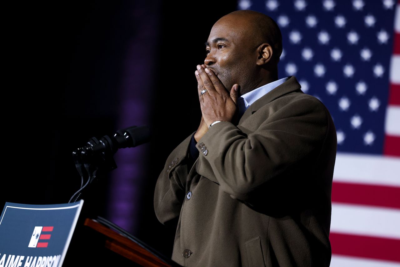 Democratic Senate candidate Jaime Harrison thanks supporters after conceding to South Carolina Sen. Lindsey Graham on Nov. 3, in Columbia, South Carolina. Harrison's high-dollar campaign failed to unseat the Trump-loving incubent.
