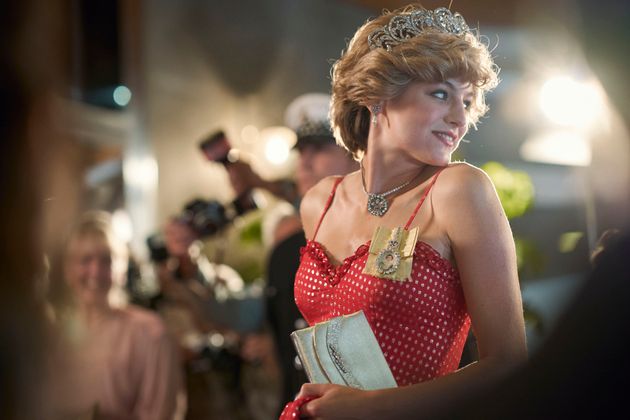 Emma in character as Princess Diana in The Crown