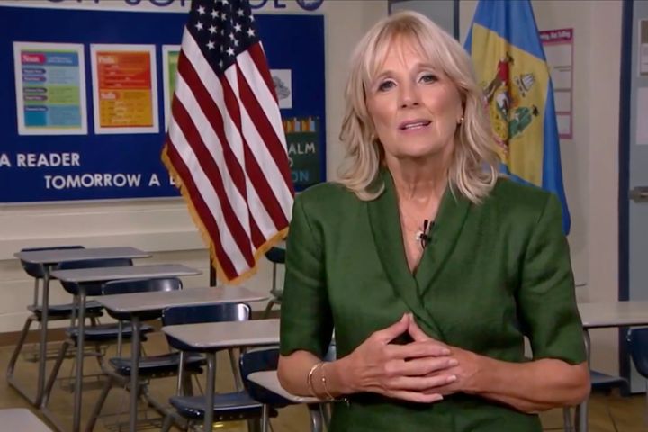 Jill Biden addresses the Democratic National Convention from a classroom during an Aug. 18, 2020, livestream.