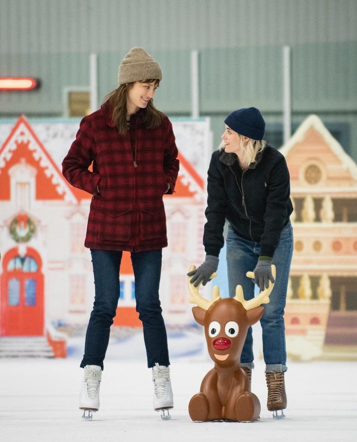 Mackenzie Davis (left) and Kristen Stewart star in "Happiest Season," due out Nov. 25 on Hulu.&nbsp;