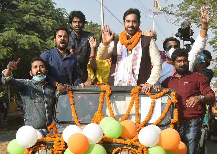 Congress candidate from Bankipur Luv Sinha during a roadshow ahead of the second phase of Bihar Assembly Elections, on November 1, 2020 in Patna. 