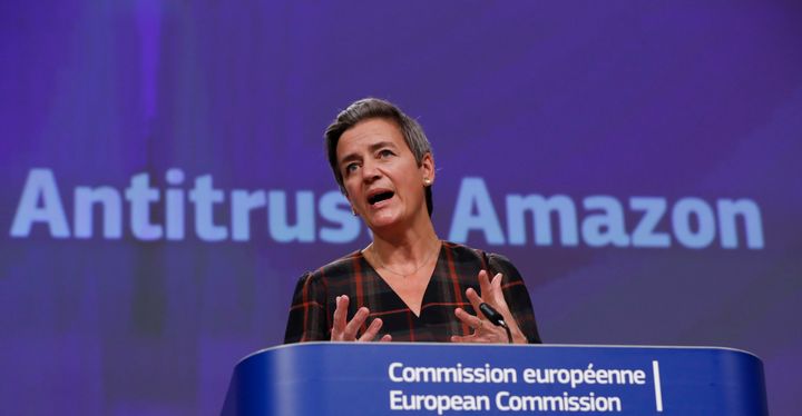European Executive Vice-President Margrethe Vestager speaks during a press conference regarding an antitrust case with Amazon at EU headquarters in Brussels, Tuesday, Nov. 10, 2020. European Union regulators have filed antitrust charges against Amazon, accusing the e-commerce giant of using data to gain an unfair advantage over merchants using its platform. (Olivier Hoslet, Pool via AP)