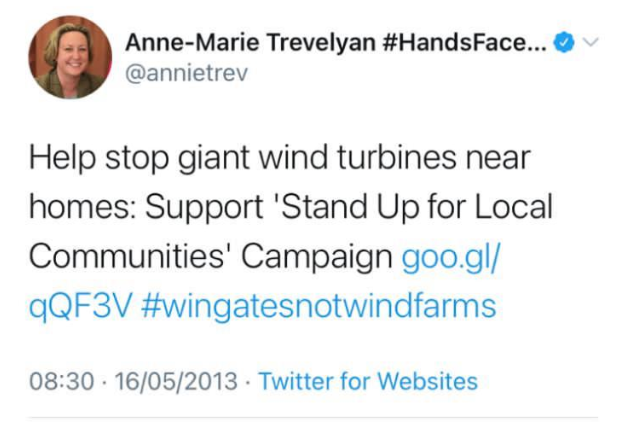 Anne-Marie Trevelyan previously opposed wind farms in her constituency