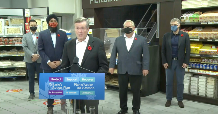 Toronto Mayor John Tory speaks at a press conference with Premier Doug Ford in North York, Ont. Tuesday.