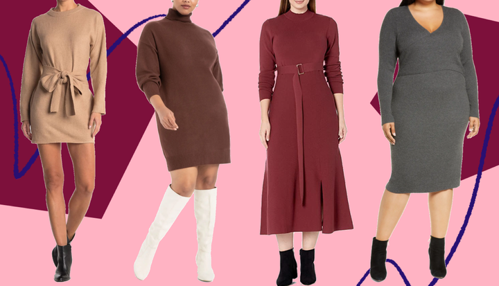 There are all sorts of sweater dresses to choose from down below, including those with turtlenecks to ones that are perfectly oversized.