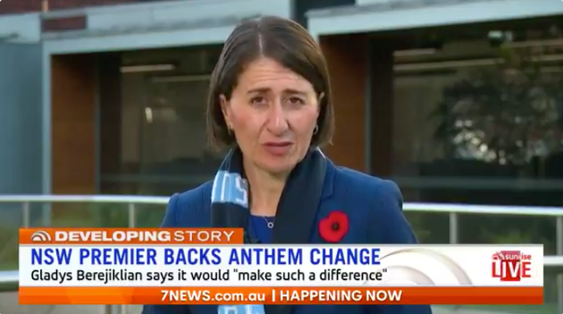 Gladys Berejiklian, the premier of NSW, has joined calls for altering the lyrics of Australia’s national anthem.