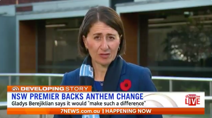 Gladys Berejiklian, the premier of NSW, has joined calls for altering the lyrics of Australia’s national anthem.