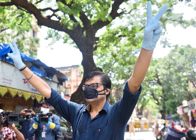 Republic TV editor-in-chief and Prime Time anchor Arnab Goswami appear at NM joshi marg police station...