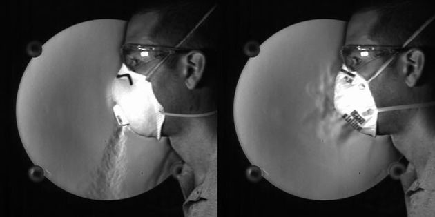 Schlieren images of an adult male exhaling in an N95 respirator with an exhalation valve (left) and without an exhalation valve (right).