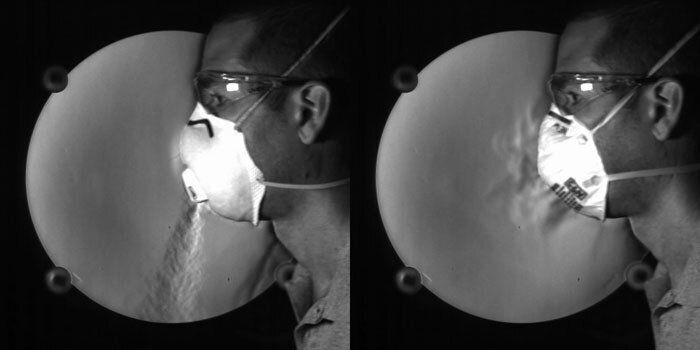Schlieren images of an adult male exhaling in an N95 respirator with an exhalation valve (left) and without an exhalation valve (right).
