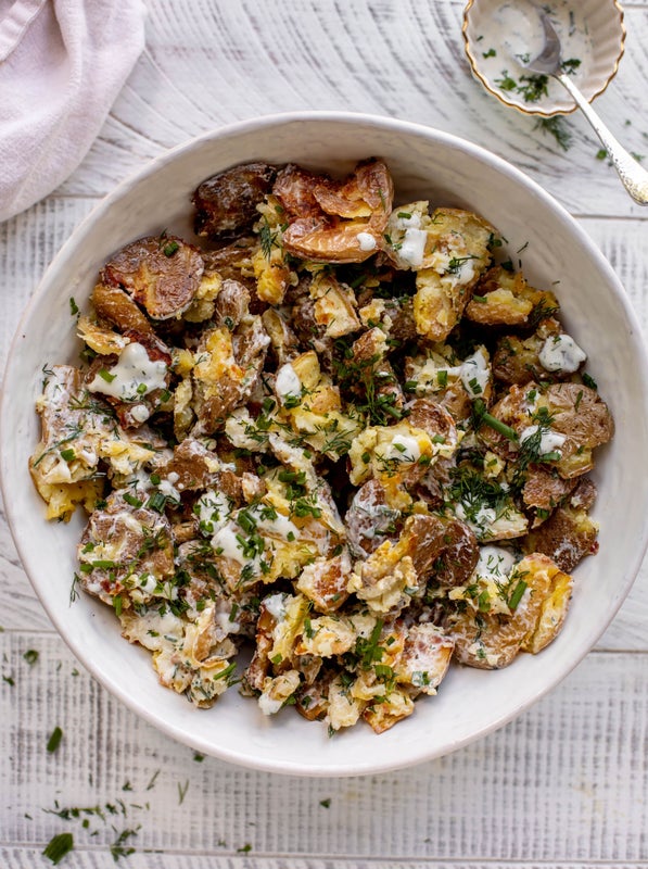 Buttermilk Herb Smashed Potato Salad from How Sweet Eats﻿