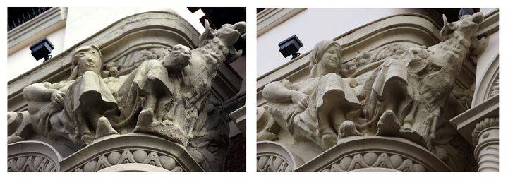 This combo pictures shows a sculpture before (right) and after being restored (left) on the exterior of an ornate office buil